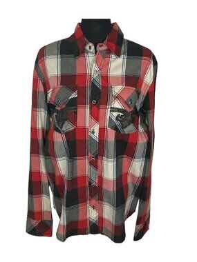 AFFLICTION Black Premium Men Button Front Checker Slim Shirt Sz M Red Black 55-4